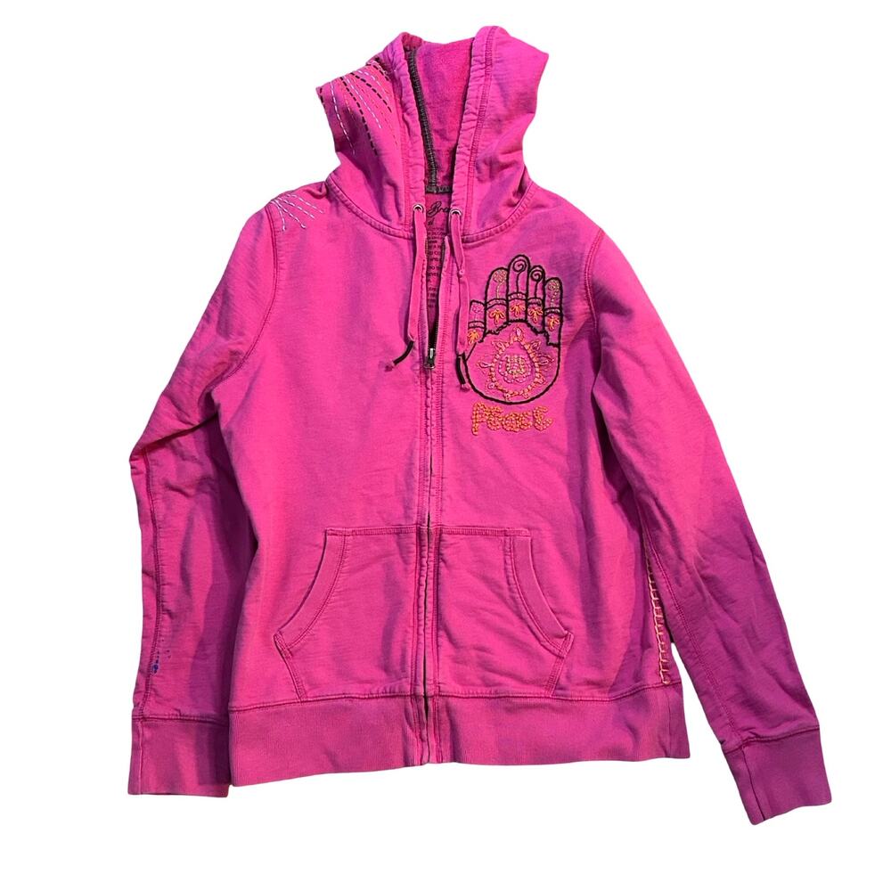 Lucky Brand Y2K Full‎ Zip Hoodie Embroidered Peace Hand Boho Womens XL Pink